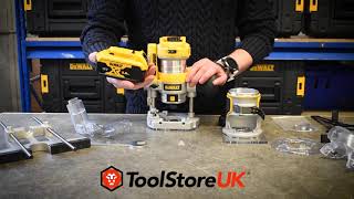 DEWALT DCW604NT  DCW604 18v Brushless XR TrimmerRouter  Bases  Full Review From ToolStore UK [upl. by Ardnic]