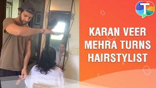 Karan Veer Mehra turns hairstylist for his mother at home [upl. by Ntsuj]