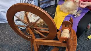 Demonstration of how to use a spinning wheel to hand spin wool into fibre at the show [upl. by Thorner]