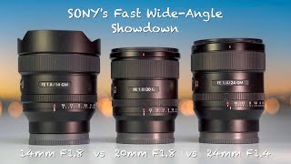 Sony fast wideangle lens showdown  14mm F18 GM vs 20mm F18 G vs 24mm F18 GM  side by side [upl. by Oliviero]