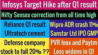 Infosys Price targetRelianceUltratech cementWiproQ1 resultDefense stocksPaytmPVR InoxIPO GMP [upl. by Kerwon382]