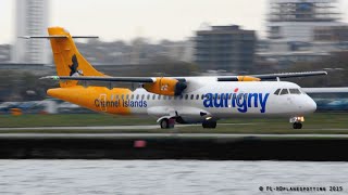 Aurigny Air Services ATR 72 windy landing amp takeoff at LondonCity LCYEGLC [upl. by Ulrich]