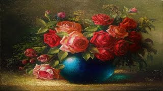 Oil painting vase with roses by Yasser Fayad [upl. by Dnomyaw800]