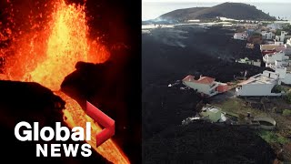 La Palma volcano New vent creates jets of redhot lava as black molten rock engulfs island [upl. by Manuela]