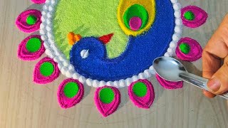 Beautiful Peacock Rangoli for Diwali  Easy Flower Peacock Rangoli [upl. by Anilemrac]