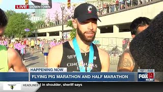 Winners of the Flying Pig half marathon speak after finishing in about an hour 33 minutes [upl. by Nerrawed]