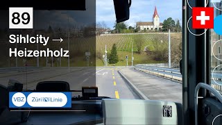 4K 🇨🇭 Cab Ride VBZ ZÜRICH BUS  89 Sihlcity → Heizenholz  MAN Lions City 18 E Elektrobus [upl. by Ahsem]