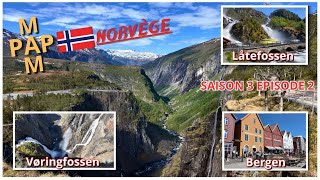 voyage en camping car en Norvège cascade de Låtefossen visite de Vøringsfossen et de Bergen [upl. by Eniksre]