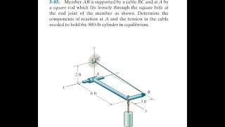 Statics 585  Member AB is supported by a cable BC and at A by a square rod which fits loosely [upl. by Cohette]