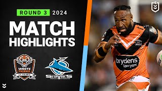 NRL 2024  Wests Tigers v Sharks  Match Highlights [upl. by Lyrej234]