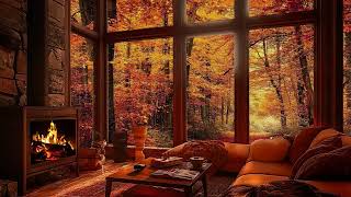 Relax with Autumn Forest Ambience 🍂 Soft Jazz amp Cozy Cabin Ambience [upl. by Ketchan]