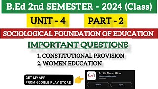 BEd 2nd sem Sociological foundation of education unit 4 women Education constitutional provision [upl. by Mccreery]