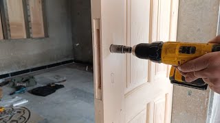 wooden door handle lock fitting  how to install door lock a lock Gumbat Wood Works [upl. by Arikehs]