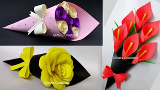 3 DIY Paper Flower BOUQUETBirthday Gift ideasFlower Bouquet making at Home [upl. by Ingra]