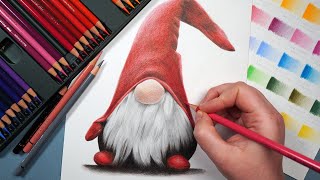 Christmas Colour Pencil Drawing  Gnome Polychromos Tutorial [upl. by Kolodgie622]