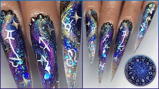 ZODIAC GALAXY Nails Swirl Stiletto Glitter Marble Tutorial [upl. by Nysilla]