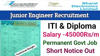 BEL Recruitment 2024Junior Engineer Vacancy 2024BEL JE Vacancy 2024ITI amp Diploma Official [upl. by Lechar]