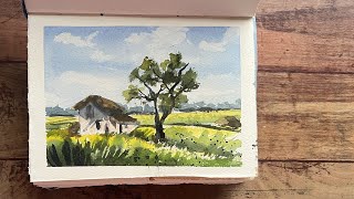 Watercolor Landscape  Fields and a Countryside house [upl. by Kryska672]