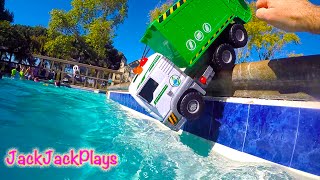 Kid’s Garbage Truck Toys at the Pool  Recycling and Swimming Water Pretend Play  JackJackPlays [upl. by Jahdal]