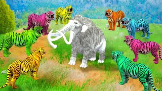 Elephants Vs 3 Tigers turn into Zombie Tigers attack African Elephant saved by White Woolly Mammoth [upl. by Meda]