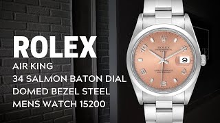 Rolex Air King 34 Salmon Baton Dial Domed Bezel Steel Mens Watch 15200 Review  SwissWatchExpo [upl. by Auhsaj457]