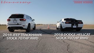 Hellcat Jeep vs Hellcat Challenger Widebody Street Drag Race [upl. by Tonkin]