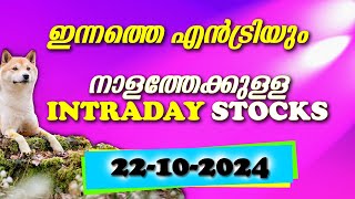 ഇന്നത്തെ എൻട്രിയും നാളത്തേക്ക് വേണ്ടിയുള്ള INTRADAY STOCKS ഉം 22102024 [upl. by Graniela]