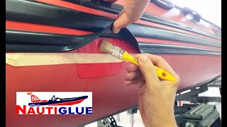 RIPARAZIONE FORO A FILO BOTTAZZO SU GOMMONE IN PVC CON NAUTIGLUE PVC Professionale [upl. by Aiclid440]