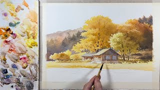 Watercolor Painting Landscape  Autumn Lake Scenery [upl. by Alemahs]