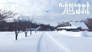 Walk peaceful shrine and vast snowy park in Asahikawa Hokkaido Japan  4K HDR [upl. by Luhem]