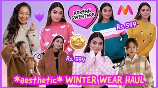 aesthetic WINTER WEAR HAUL 2022 💜 Korean Inspired Sweaters Teddy Jacket amp More  Myntra Haul [upl. by Nytsirhc]