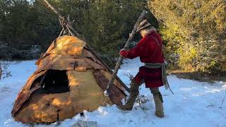 Bark Covered Primitive Shelter with Inside Fire  BUSHCRAFT  SURVIVAL  CANADIAN WINTER [upl. by Ardnua857]