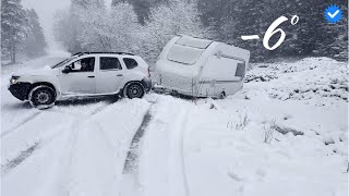 Snow camping at 6 degrees  Our caravan fell into the canal  Driverless car crashed into us [upl. by Nnagem450]