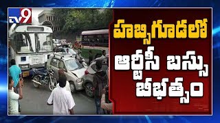 RTC bus hits three cars at Habsiguda in Hyderabad  TV9 [upl. by Ramah358]