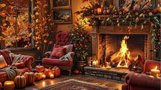 Beautiful Fall Scenery Crackling Fireplace and Relaxing Piano Music  3 HOURS  4K TV BACKGROUND [upl. by Elidad709]