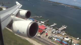 KLM Boeing 747400 quotRocketquot Takeoff St Maarten Princess Juliana Airport [upl. by Akinohs]