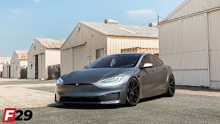 Lowered 2022 Tesla Model S Plaid on Blaque Diamond Gloss Black BDF29s [upl. by Glasgo770]