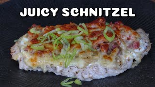 GRILLED ALSATIAN SCHNITZEL  JUICY SCHNITZEL with CHEESE ONIONS and BACON 0815BBQ  International [upl. by Enna707]