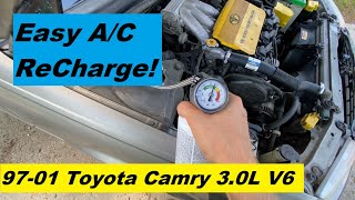 How To ReCharge AC Toyota Camry V6 30 DIY 1997 1998 1999 2000 2001 2002 97 98 99 00 01 02 [upl. by Liederman]