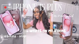 IPHONE 15 plus UNBOXING pink amp SETUP 💖   WHATS ON MY IPHONE ios 17  Ariel Jasmine ᰔ ᩚ [upl. by Glynn671]