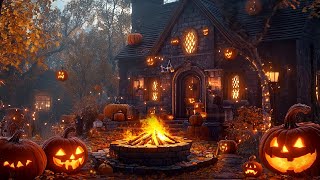 Cozy Autumn Village Halloween Ambience with Relaxing Crackling Fire amp Crunchy Leaves Nature Sounds [upl. by Bloch448]