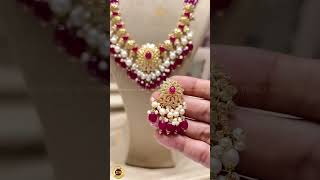 22k Gold Pearls Necklace Set with Vibrant Stones  Krishna Pearls [upl. by Anavoig]