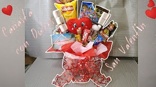 🧸 Canasta con dulces 🍬 para San Valentín 💕 14 de febrero arreglo con dulces para vender Diy [upl. by Trbor]