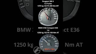 BMW 316i E36 Compact 102 PS vs Peugeot 308 II 16 THP 125 PS 0100 kmh Acceleration Comparison [upl. by Annoled]