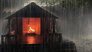 SLEEP QUICKLY 247 with Heavy Rain amp Thunderstorm Sounds Covering Campfire in Old Farmhouse at Night [upl. by Hertzog]