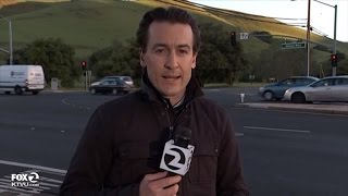 Reporter Nearly Misses Being Hit By Car While Live on TV [upl. by Gower]