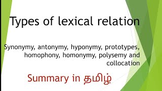 lexical realationsynonym antonyms hyponymyprototypes homophony homonymypolysemycollocation [upl. by Meadows716]