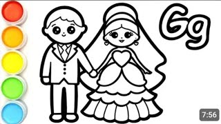 Beautiful bride And Groom Drawing Painting amp Colouring For Kids amp Toddler  How To Draw BrideampGroom [upl. by Moncear14]