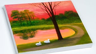 Sunset Painting  Sunset Landscape Painting  Aham Art [upl. by Sisson]