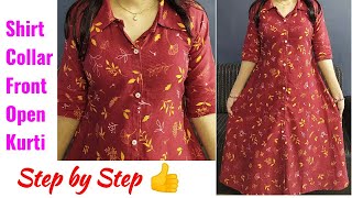 Shirt Collar Front Open Kurti Cutting and Stitching step by step [upl. by Alywt]